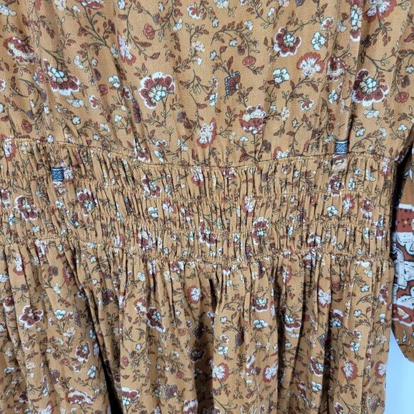 American Eagle Long Sleeve Dress Size Large Long Rust Floral Smocked Mini Boho - Picture 6 of 12